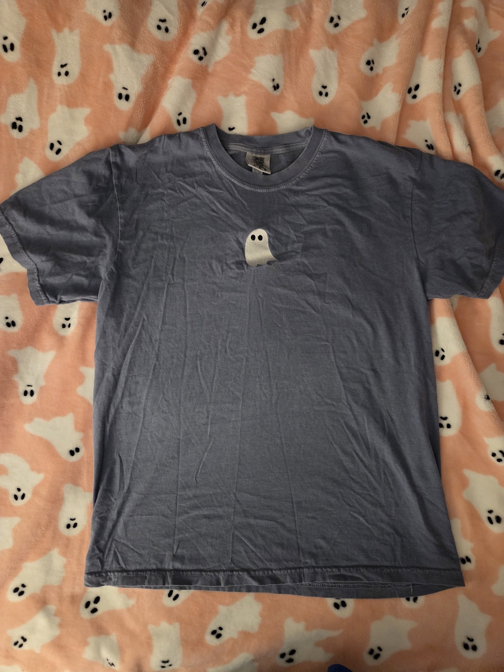 Comfort Colors Blue Womens Short-Sleeve Tee with Small Ghost Graphic Size Large